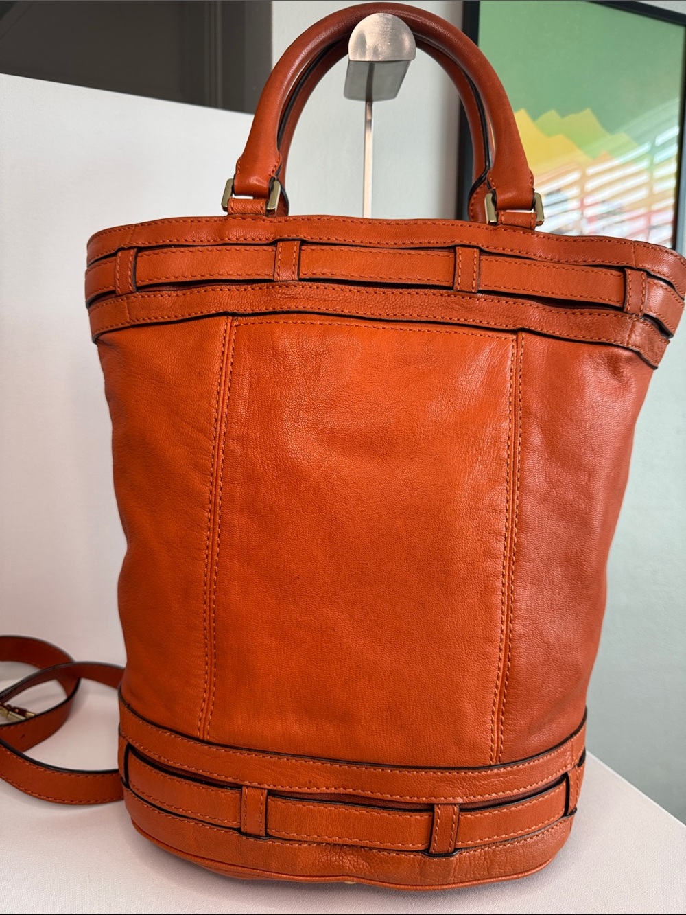 Michael Kors Kingsbury Orange Bucket Bag All Leather Tote - Picture 5 of 14